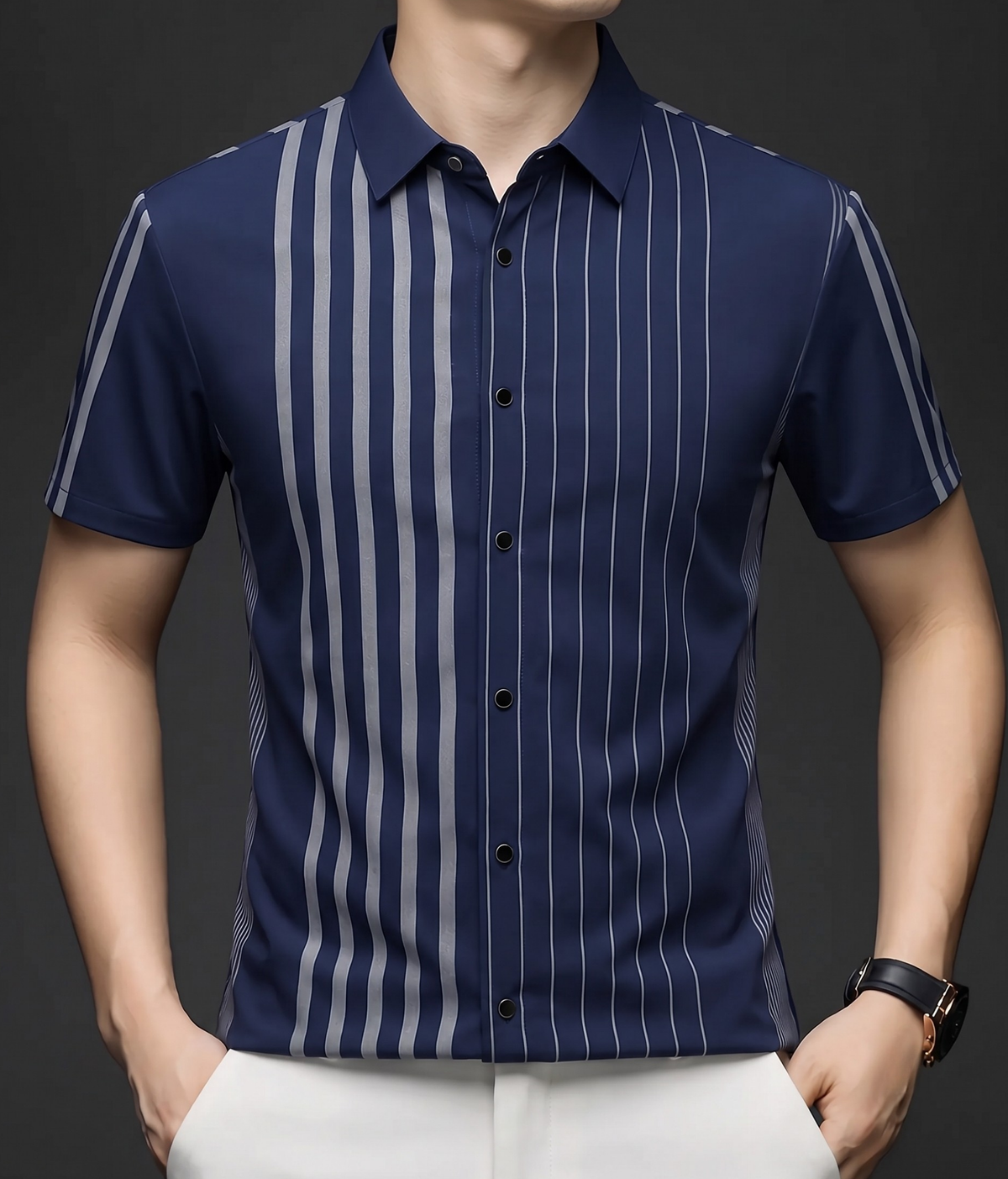 Navy Linear Regular Fit Office Wear Shirt