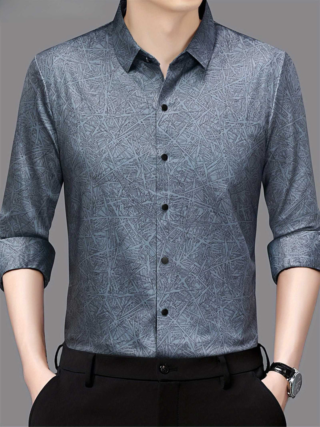 Slate Blue Abstract Print Slim Fit Shirt