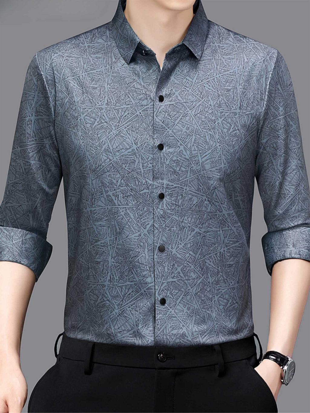Slate Blue Abstract Print Slim Fit Shirt