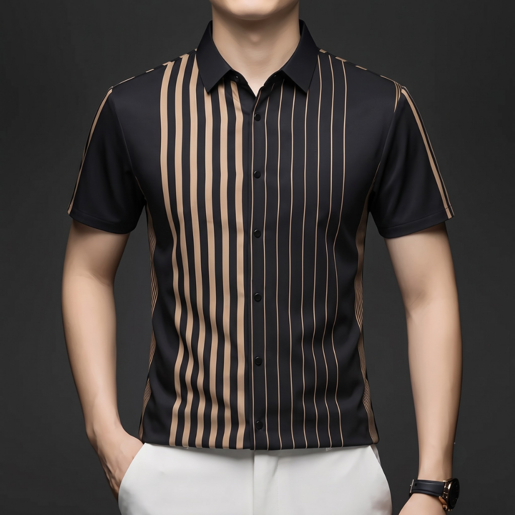 Blackish Beige Linear Regular Fit Office Wear Shirt
