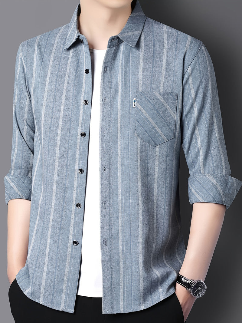 Grey-blue Vertical Stripe Slim Fit Shirt