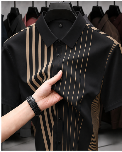 Blackish Beige Linear Regular Fit Office Wear Shirt