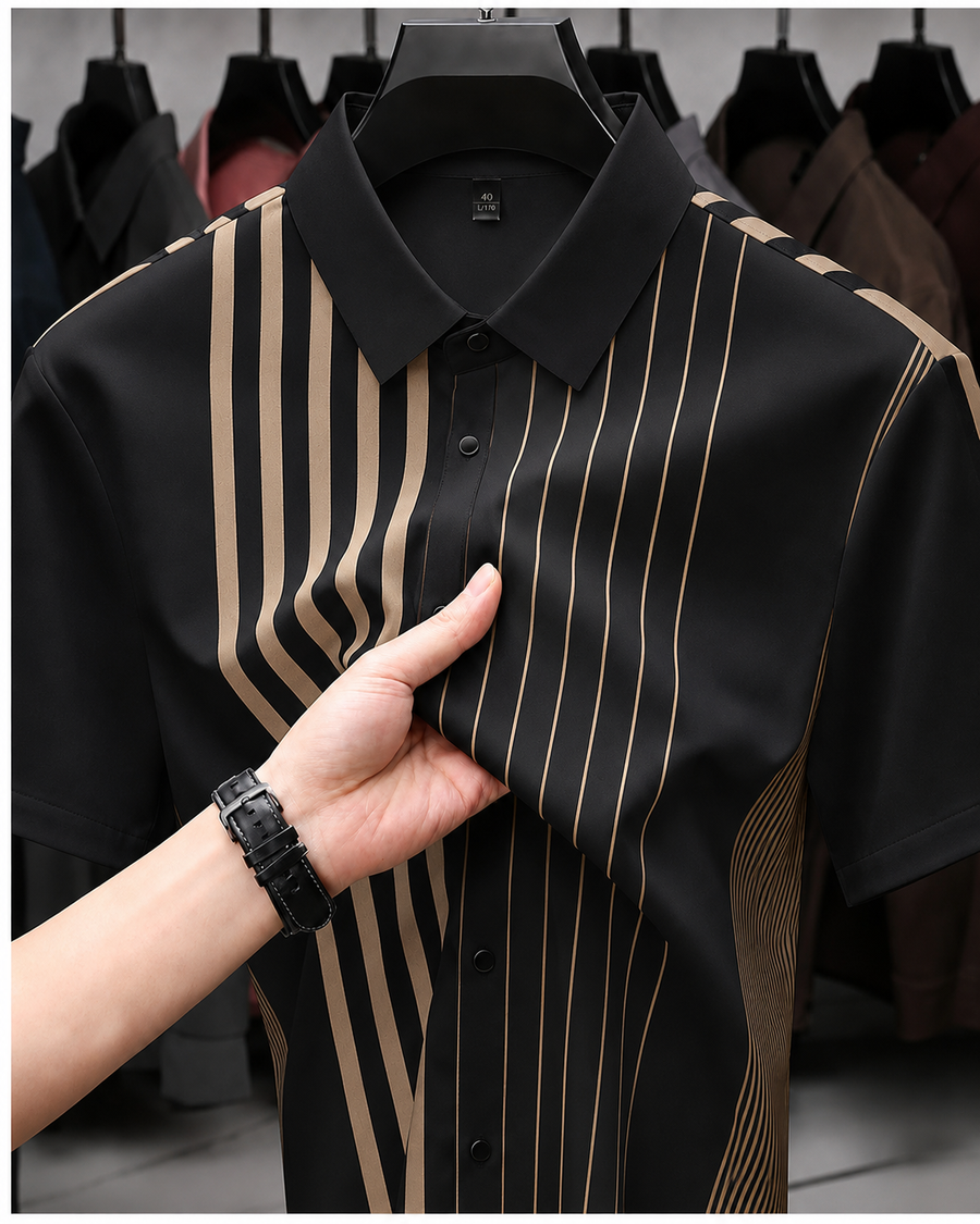 Blackish Beige Linear Regular Fit Office Wear Shirt