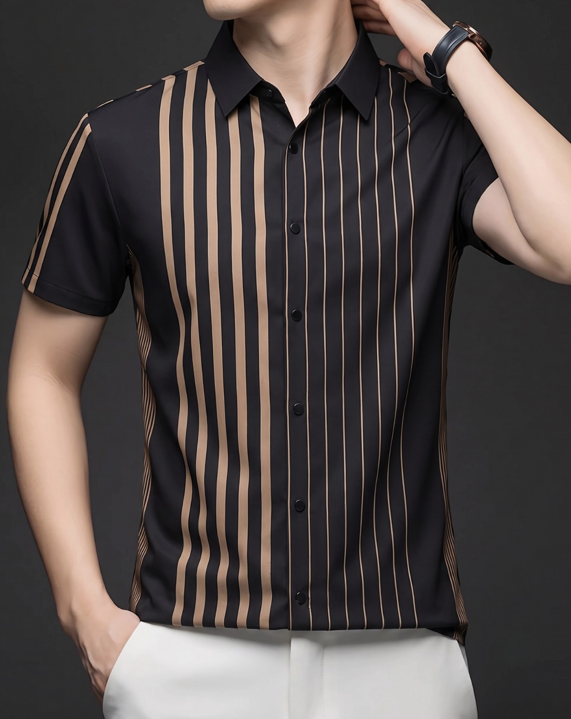 Blackish Beige Linear Regular Fit Office Wear Shirt