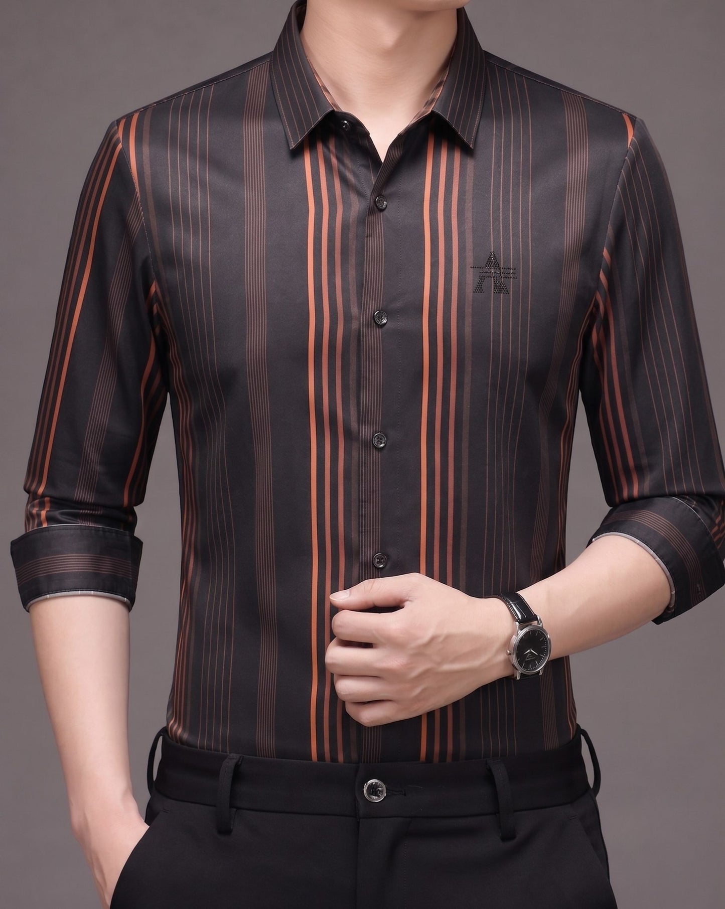 Men's Black & Rust Vertical Stripe Stretch Shirt