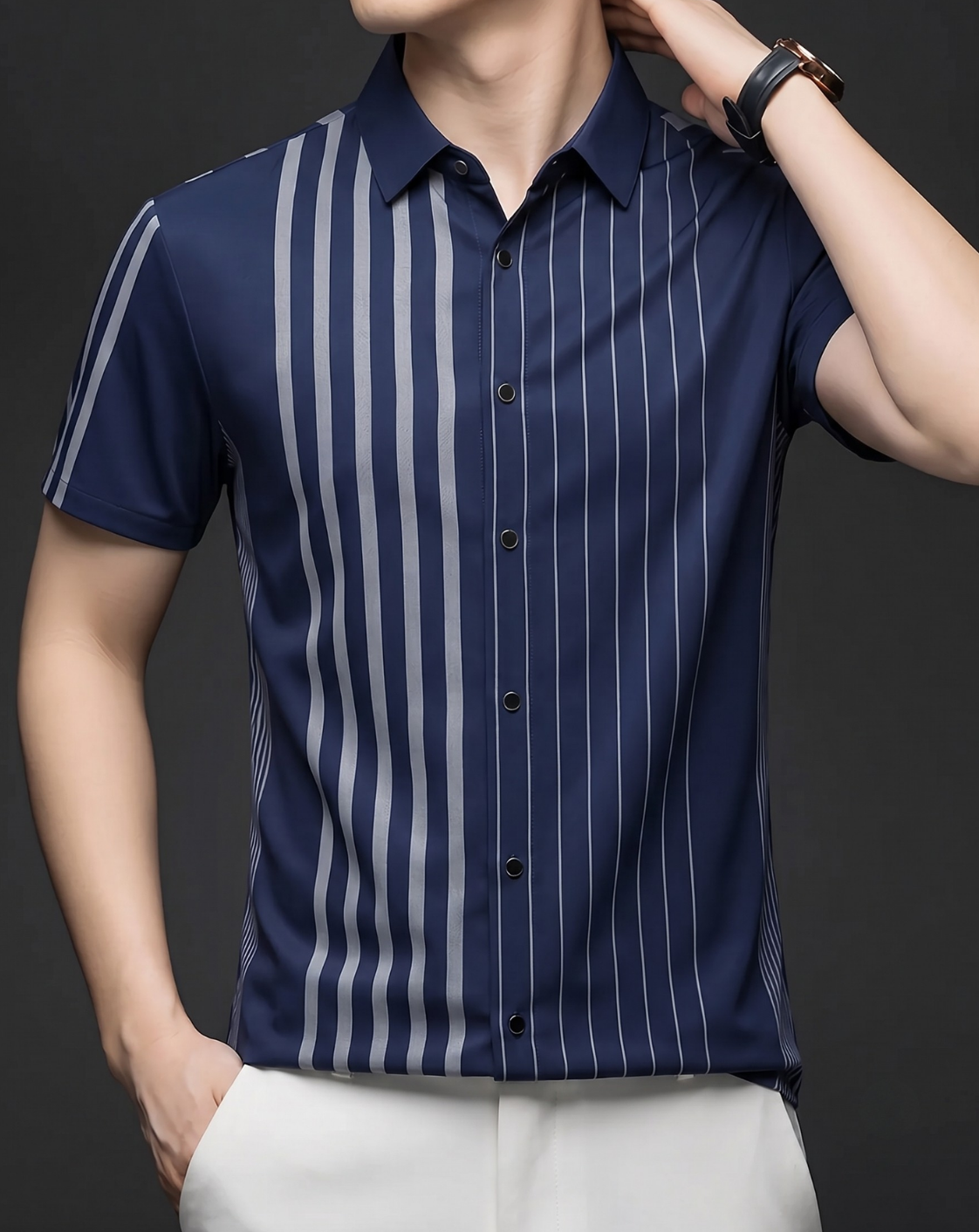 Navy Linear Regular Fit Office Wear Shirt