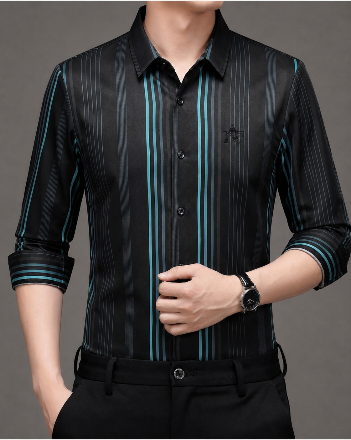 Men's Black & Teal Vertical Stripe Stretch Shirt
