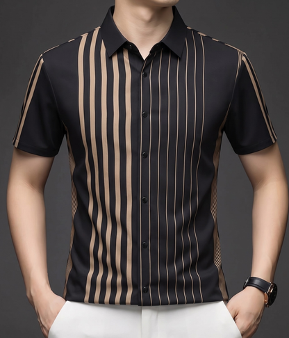 Blackish Beige Linear Regular Fit Office Wear Shirt