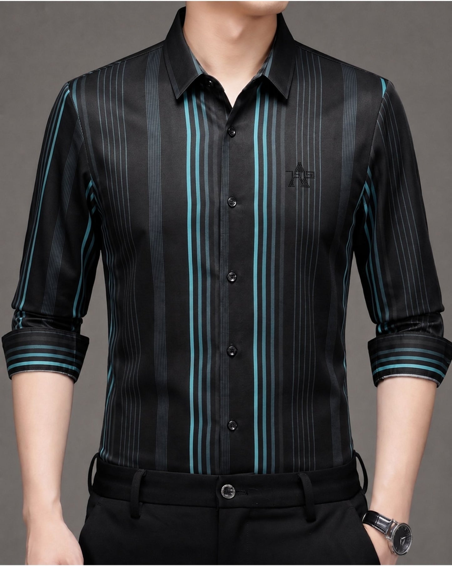Men's Black & Teal Vertical Stripe Stretch Shirt