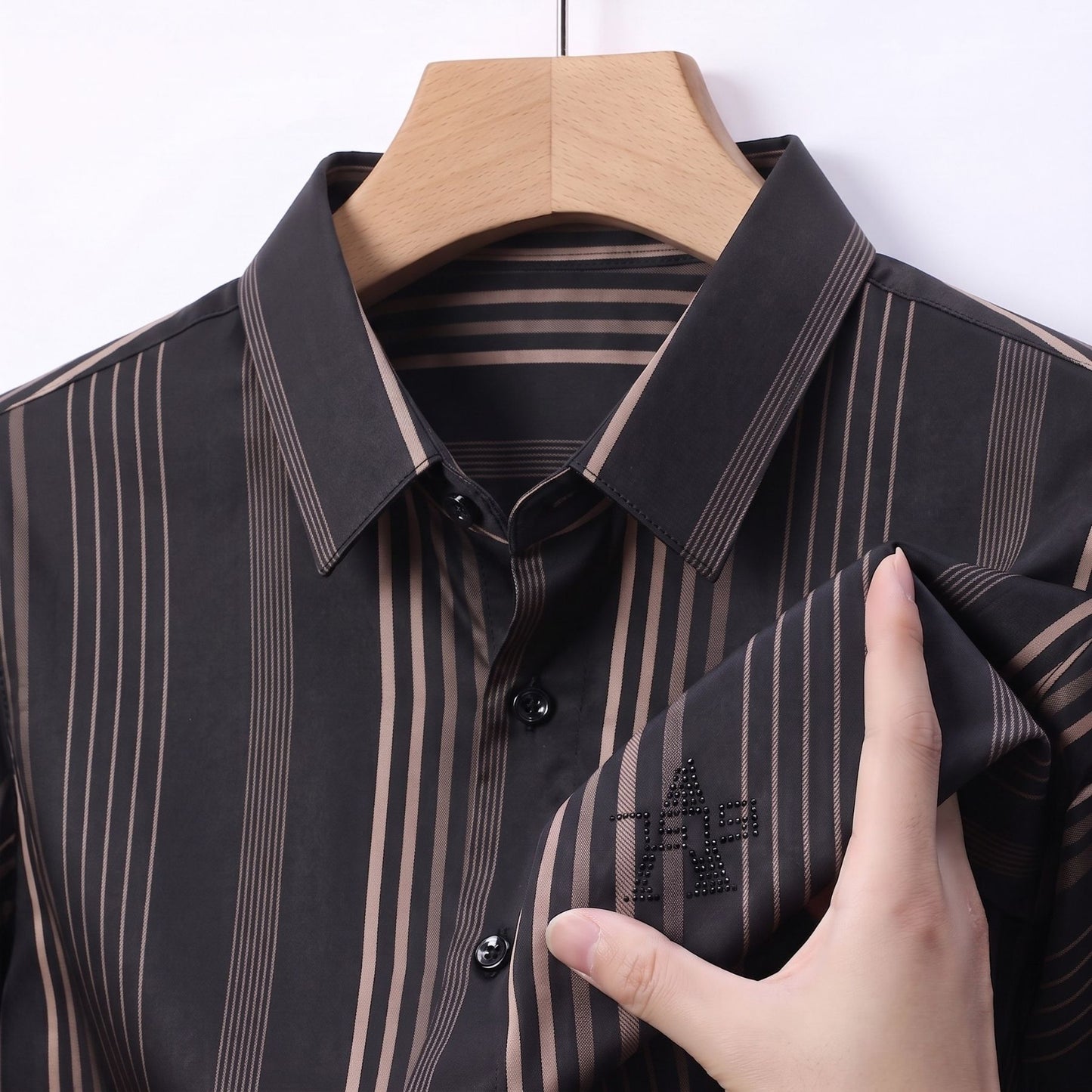 Men's Black & Taupe Vertical Stripe Stretch Shirt
