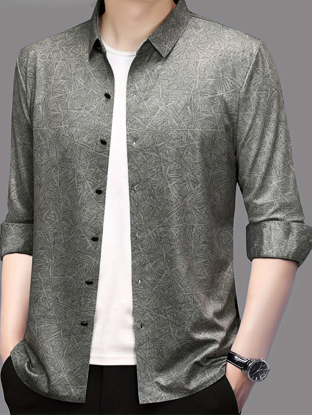 Ash Grey Abstract Print Slim Fit Shirt