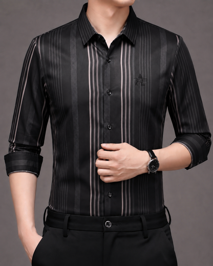 Men's Black & Taupe Vertical Stripe Stretch Shirt