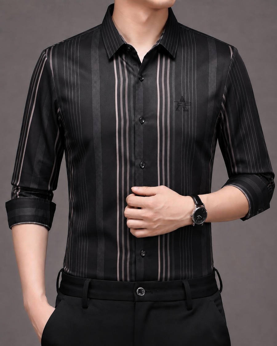 Men's Black & Taupe Vertical Stripe Stretch Shirt
