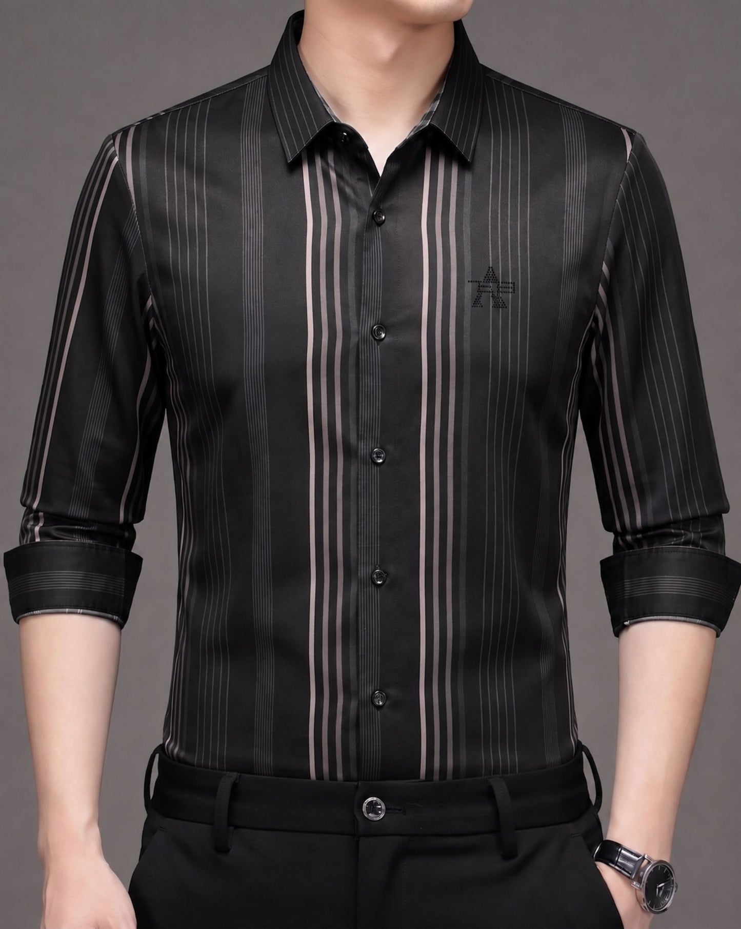 Men's Black & Taupe Vertical Stripe Stretch Shirt