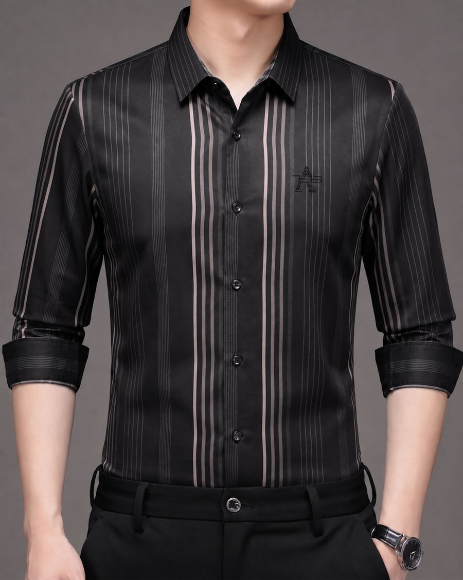 Men's Black & Taupe Vertical Stripe Stretch Shirt