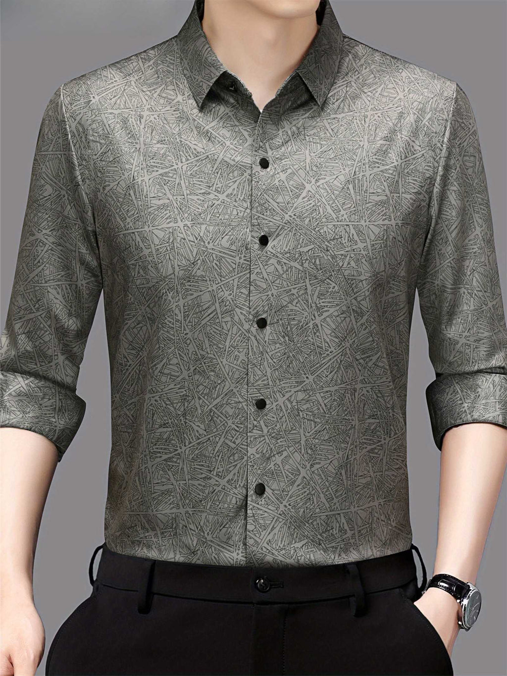 Ash Grey Abstract Print Slim Fit Shirt