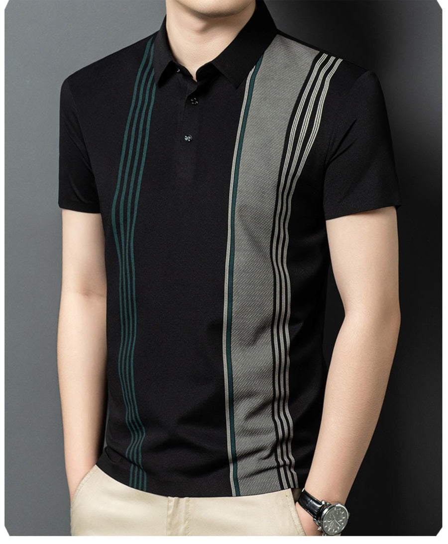 Black Charcoal Teal Grey Asymmetric Stripe Polo T-Shirt