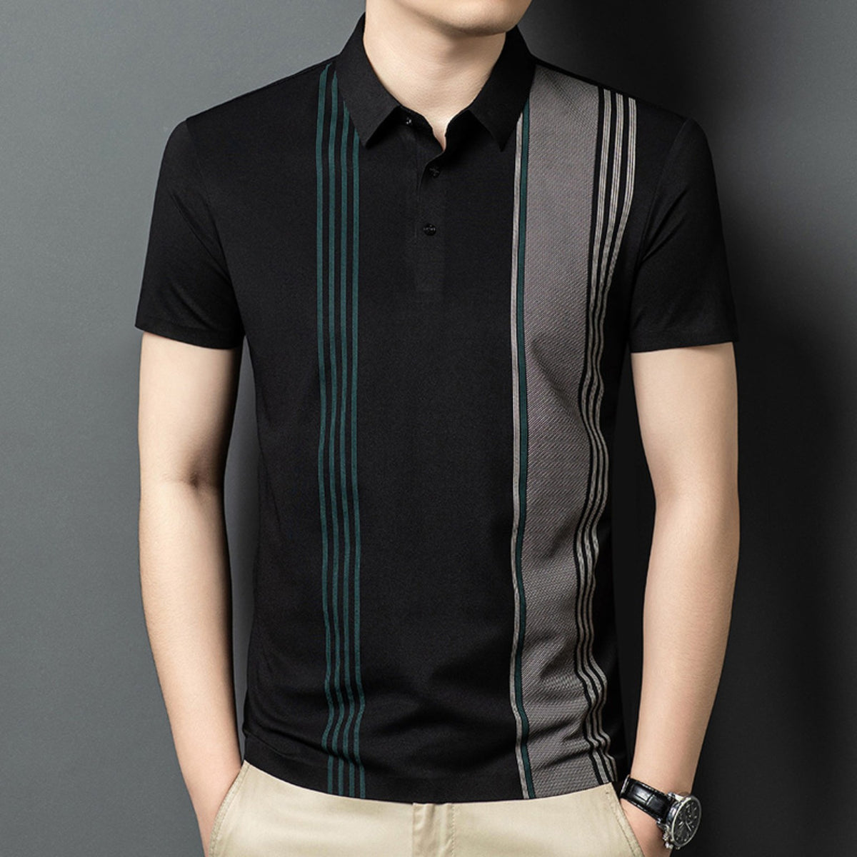 Front view of Wrap Wolf black polo with teal and grey asymmetric stripe detailing