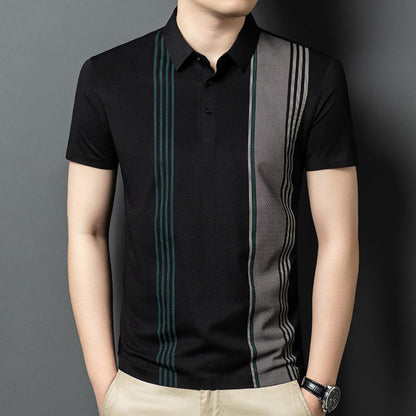 Front view of Wrap Wolf black polo with teal and grey asymmetric stripe detailing