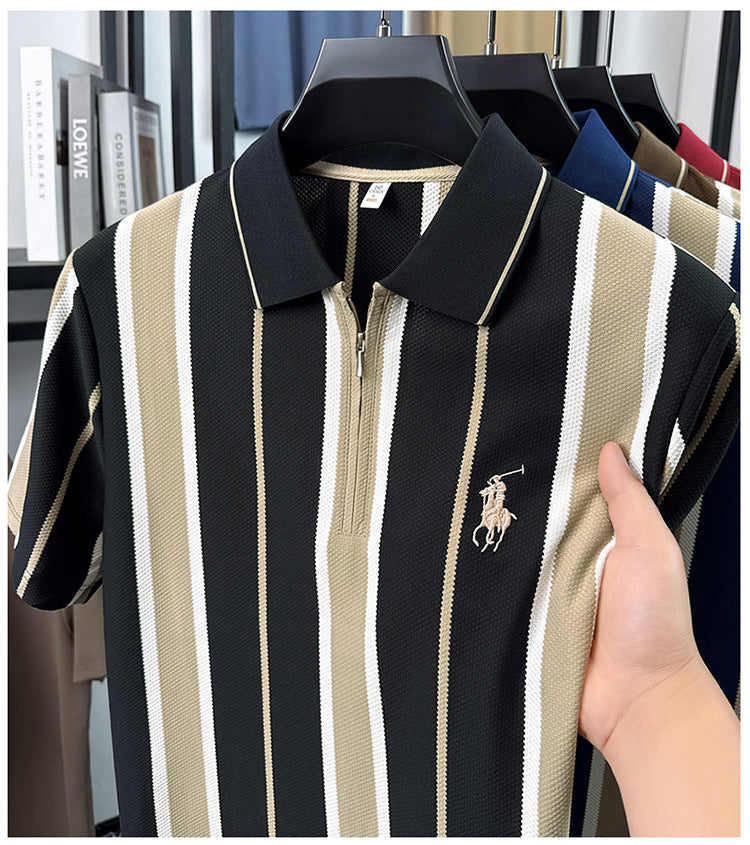 Black Cream Vertical Stripe Textured Knit Zip Polo T-Shirt