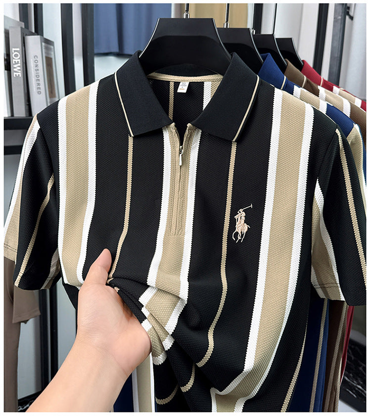 Black and cream vertical stripe textured knit polo fabric detail