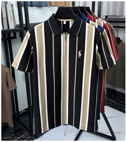 Front view of Wrap Wolf black and cream vertical stripe textured knit zip polo