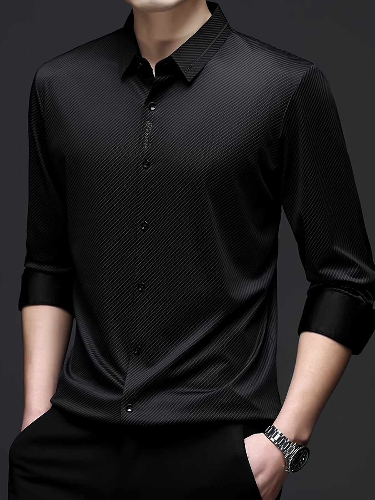 Wrap Wolf men's black tonal diagonal stripe stretch shirt angled model view