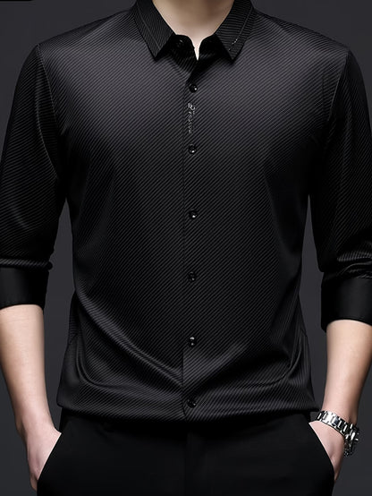Wrap Wolf men's black tonal diagonal striped full sleeve shirt front styling view