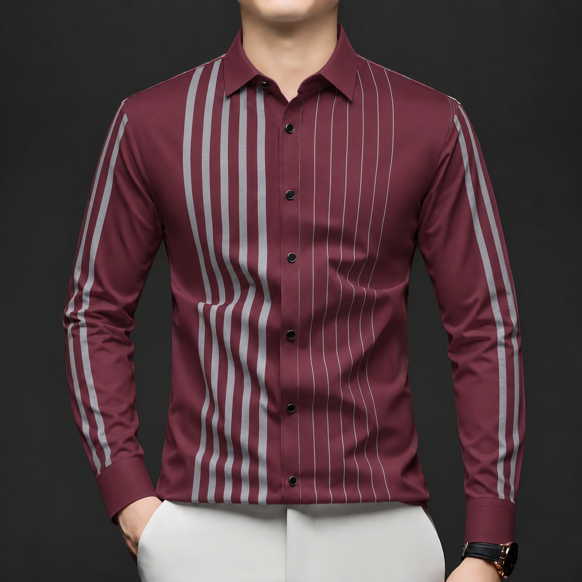 Model wearing Wrap Wolf burgundy wine office shirt with light grey linear stripes and full sleeves