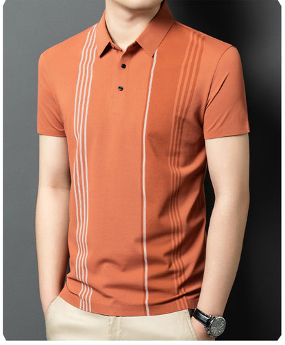 Angled view of Wrap Wolf burnt orange polo with white and tonal asymmetric vertical stripes