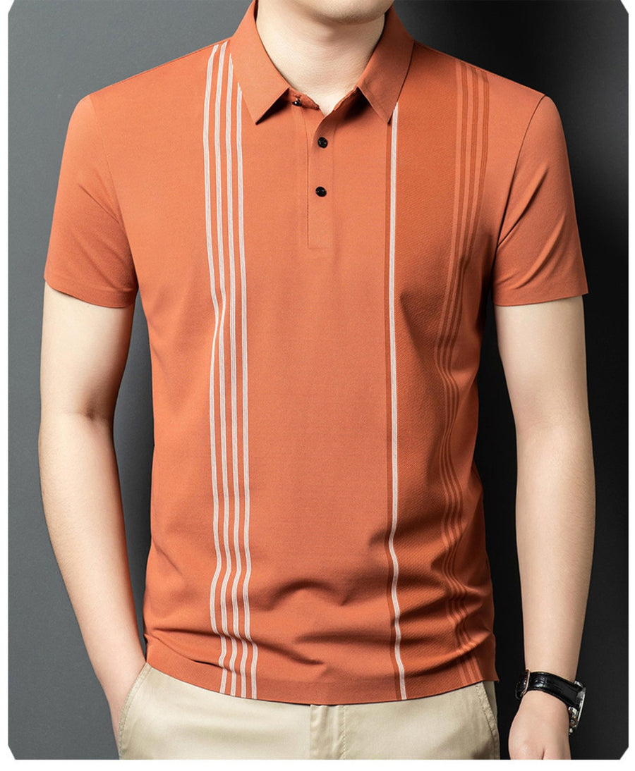 Burnt Orange White Tonal Asymmetric Stripe Polo T-Shirt