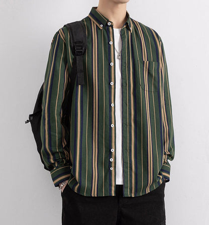 Wrap Wolf forest green multicolor stripe shirt styled with backpack