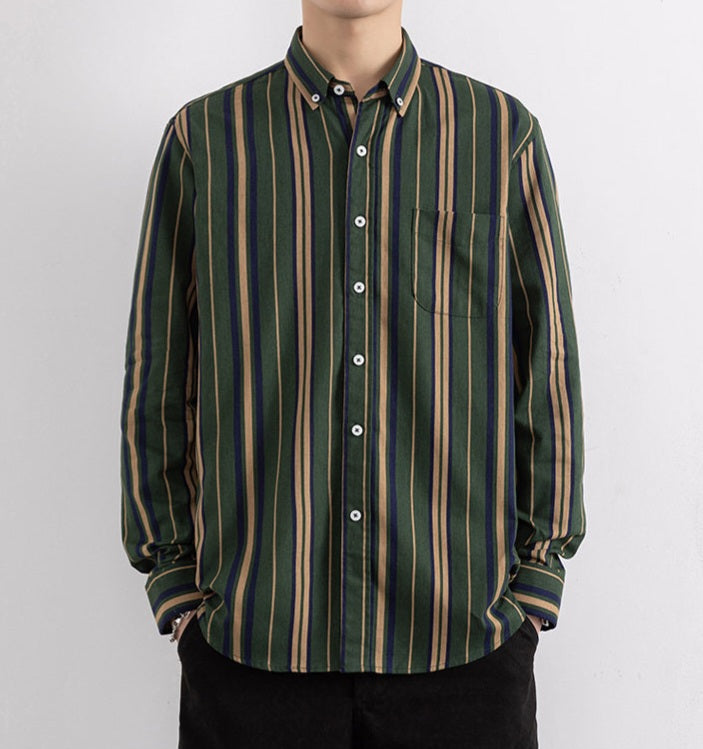 Front buttoned view of Wrap Wolf forest green multicolor vertical stripe full sleeve shirt