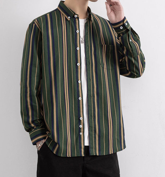 Wrap Wolf forest green vertical stripe shirt worn as open overshirt