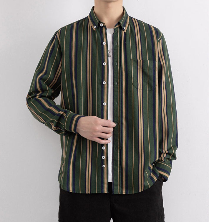 Front model styling of Wrap Wolf forest green multicolor stripe shirt with white tee