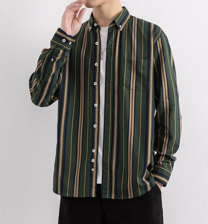 Wrap Wolf forest green vertical stripe full sleeve shirt model collar detail