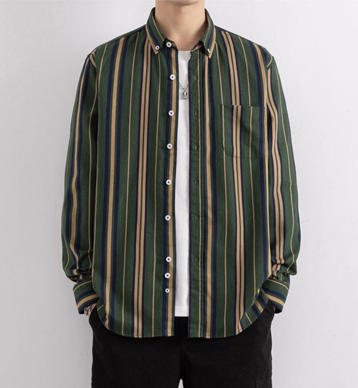 Wrap Wolf forest green vertical stripe full sleeve casual shirt relaxed front view