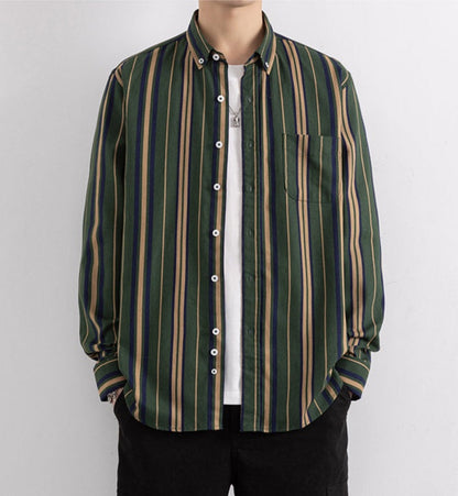 Wrap Wolf forest green vertical stripe full sleeve casual shirt relaxed front view