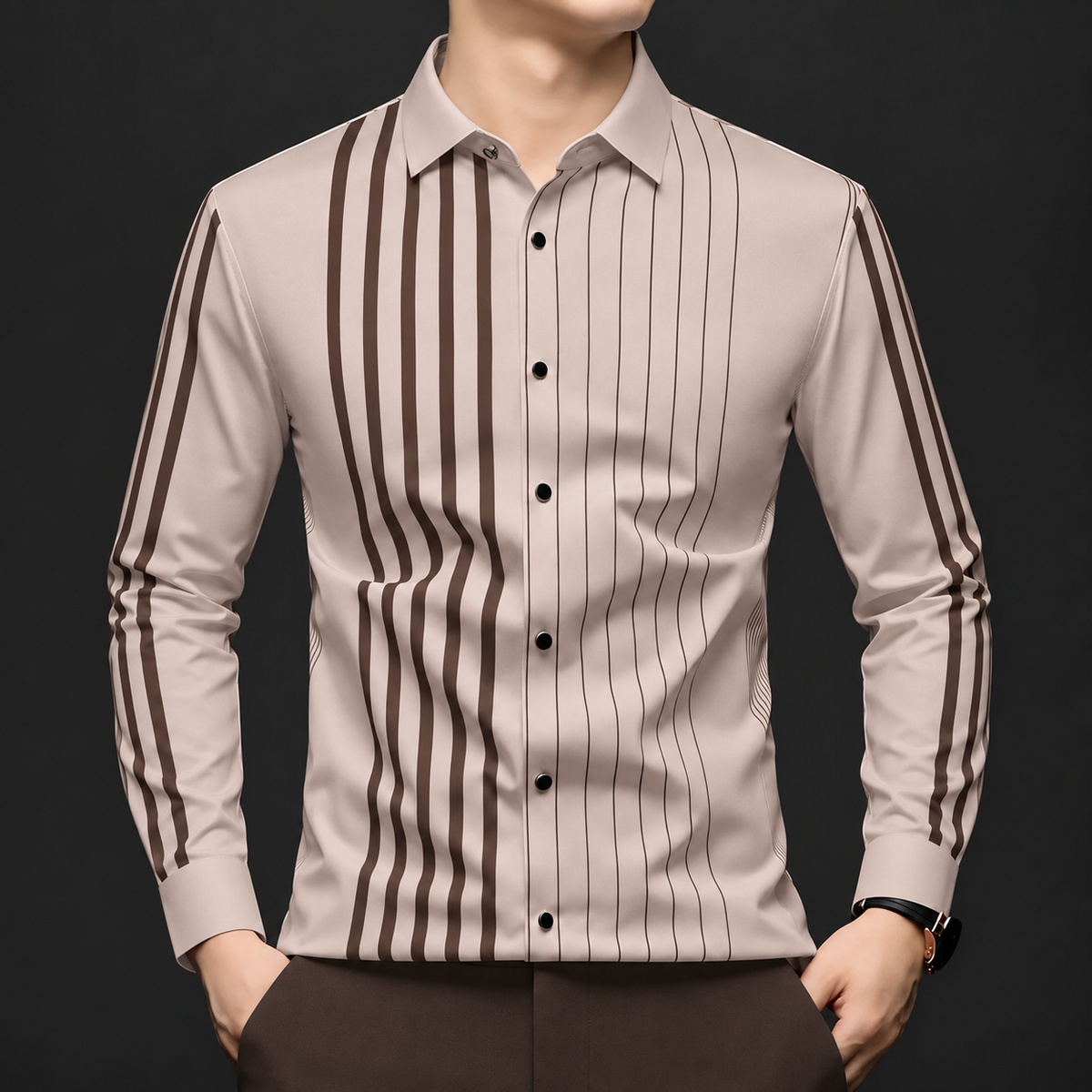 Model wearing light taupe Wrap Wolf regular fit office shirt with chocolate brown linear stripes and full sleeves