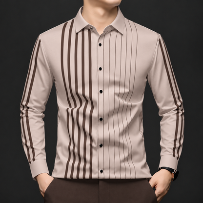 Model wearing light taupe Wrap Wolf regular fit office shirt with chocolate brown linear stripes and full sleeves