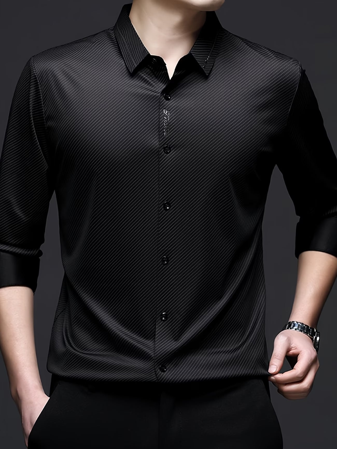 Wrap Wolf men's black diagonal micro-stripe full sleeve shirt front model view