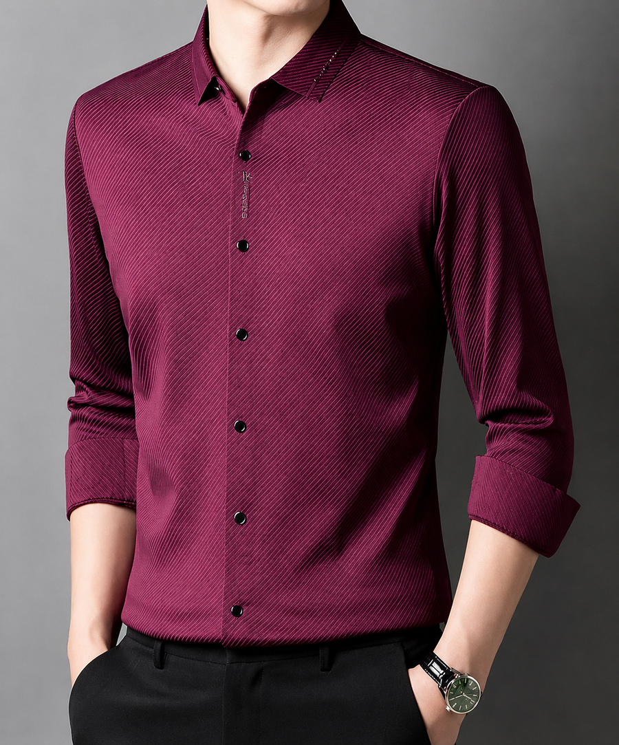 Men's Wine Diagonal Micro-Stripe Stretch Shirt
