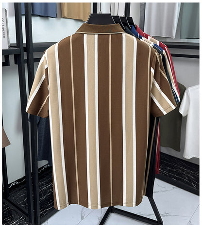 Back view of Wrap Wolf mocha brown cream vertical striped short sleeve polo