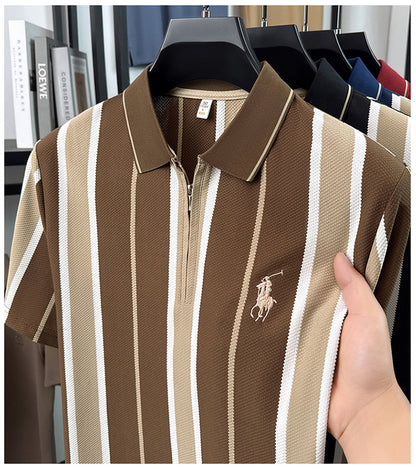 Mocha brown vertical stripe zip polo showing cream zip placket and embroidered chest motif
