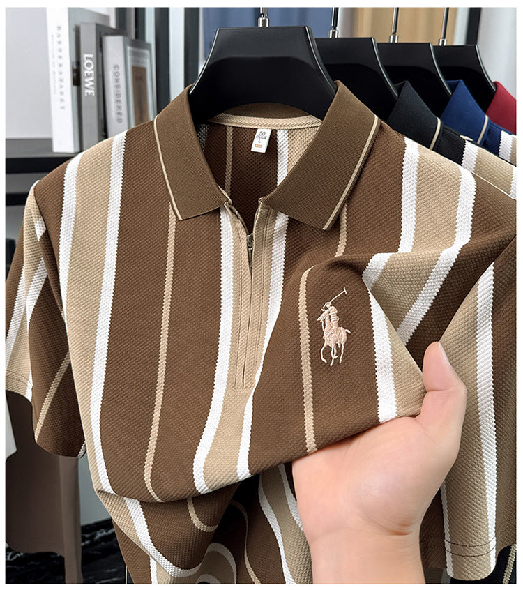 Mocha Brown Cream Vertical Stripe Textured Knit Zip Polo T-Shirt