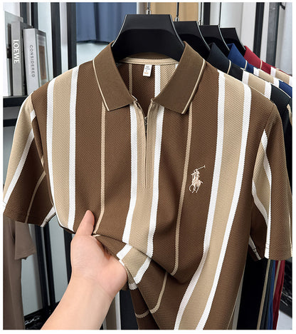 Close-up of mocha brown and cream striped textured knit polo being held to show the fabric