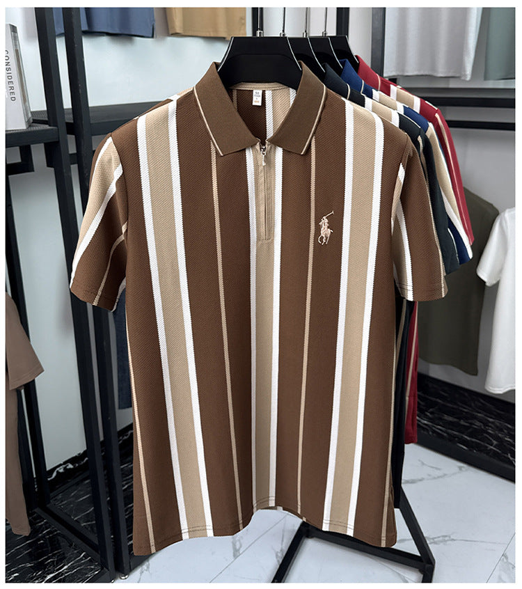 Mocha Brown Cream Vertical Stripe Textured Knit Zip Polo T-Shirt