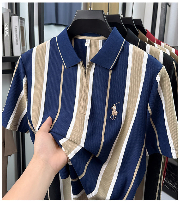 Navy blue striped polo held at zip neckline and chest detail
