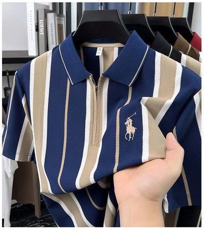 Navy blue cream stripe textured knit polo showing collar and fabric
