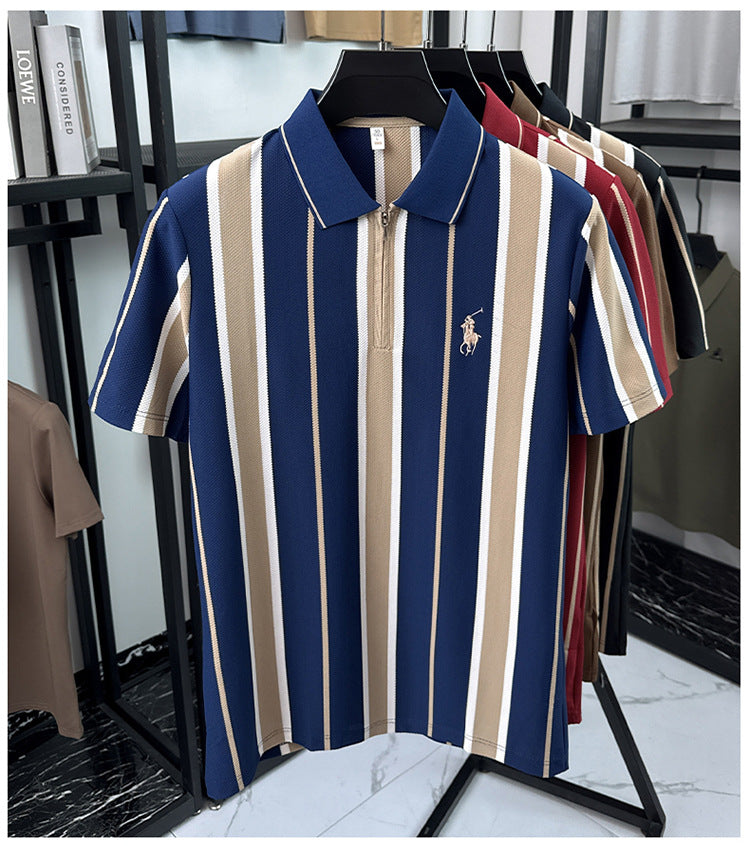 Navy Blue Cream Vertical Stripe Textured Knit Zip Polo T-Shirt
